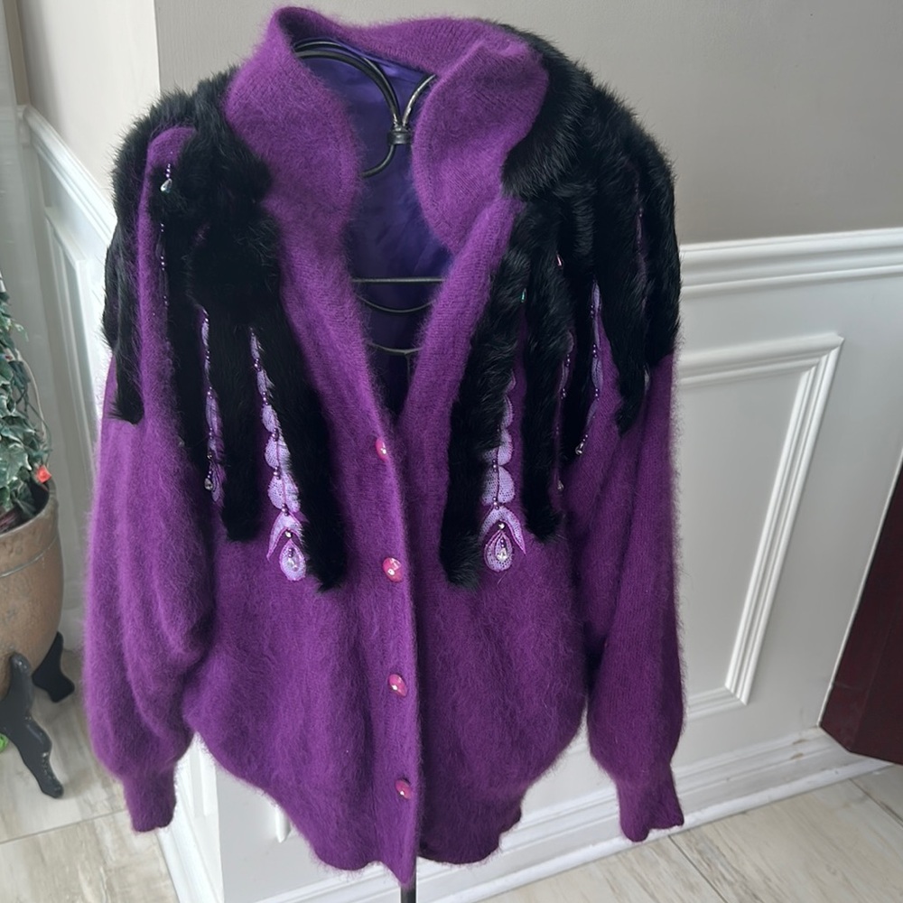 Purple and Black Women's Vintage Mohair Cardigan with rabbit fur
